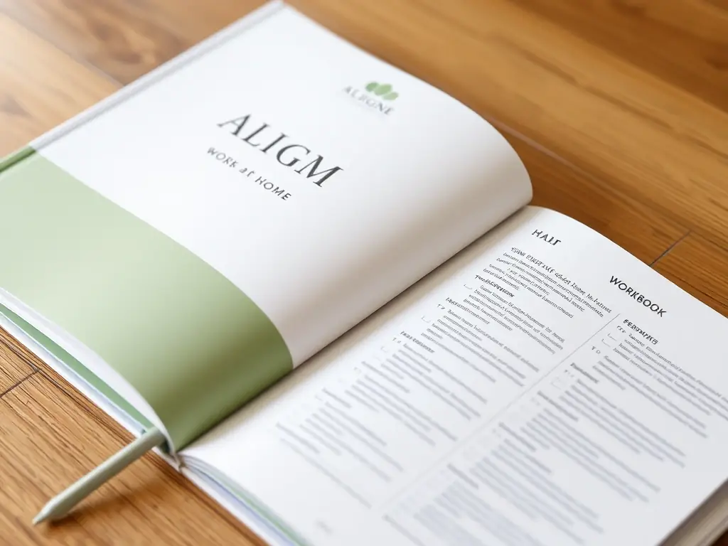 A close-up shot of the Align At Home workbook, showcasing its clean design and practical exercises.