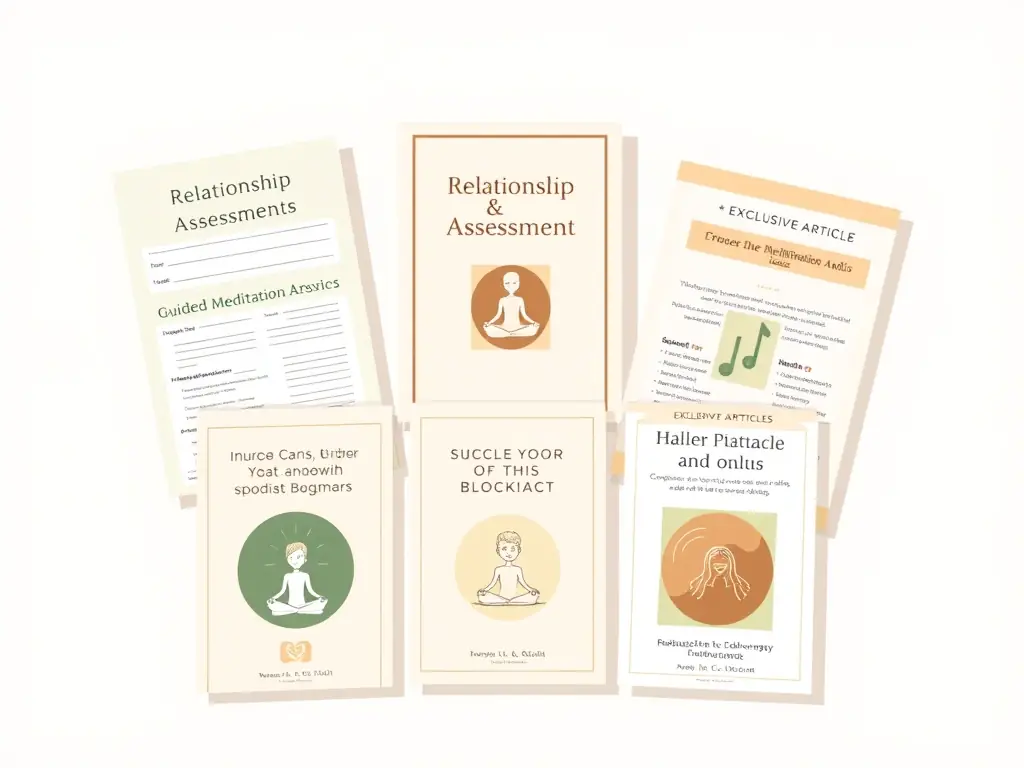 A graphic showcasing bonus materials such as relationship assessments, guided meditations, and exclusive articles, all designed with soft greens and warm neutral colors.
