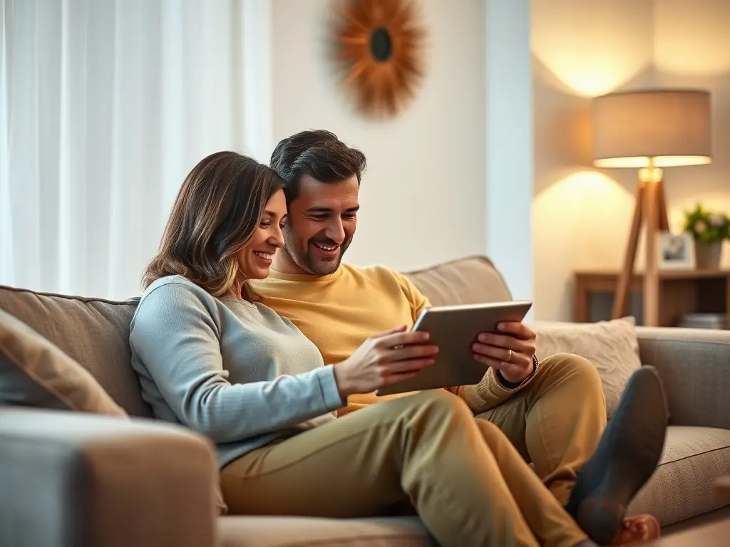 A video still showing a couple smiling and engaging in a guided exercise from the Align at Home video series, set in a cozy, inviting living room.