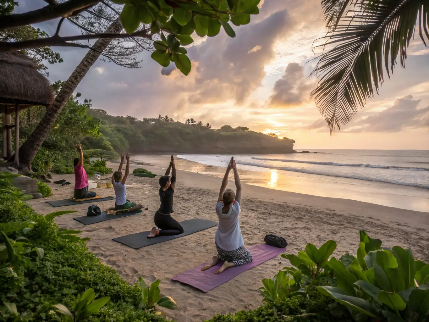 A peaceful image of a couple practicing yoga on a sandy beach at sunrise, surrounded by nature, representing the rejuvenating and transformative experience of the relationship retreats.