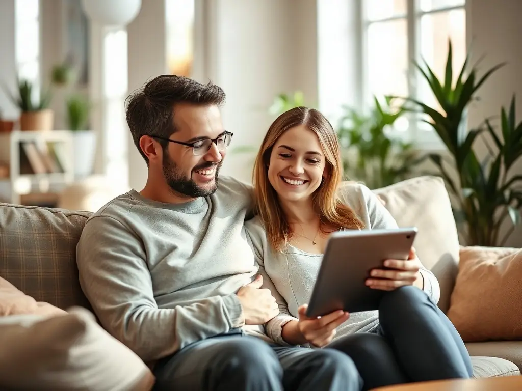 A couple sitting comfortably on a couch, smiling and looking at a laptop together, with the Align At Home workbook visible on the coffee table.