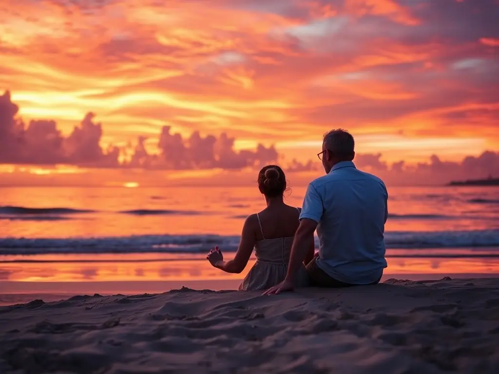 A serene image of a couple sitting together on a beach at sunset, engaging in a heartfelt conversation, symbolizing the personalized and intimate nature of private relationship coaching.