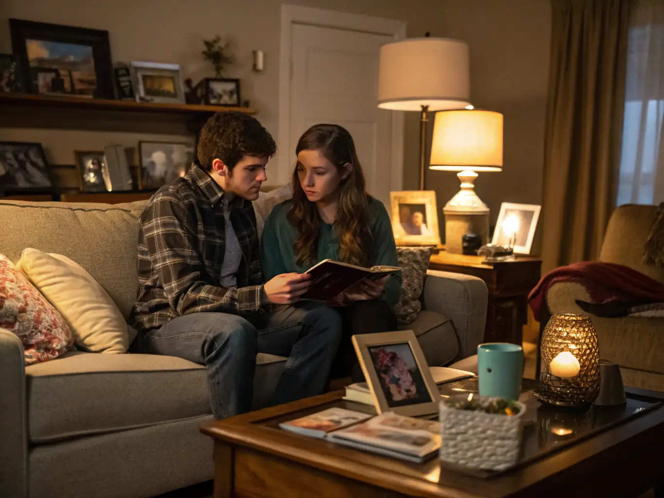 An inviting image of a couple sitting together on a cozy sofa, engaging with a workbook and laptop, illustrating the accessibility and convenience of the Align At Home program.