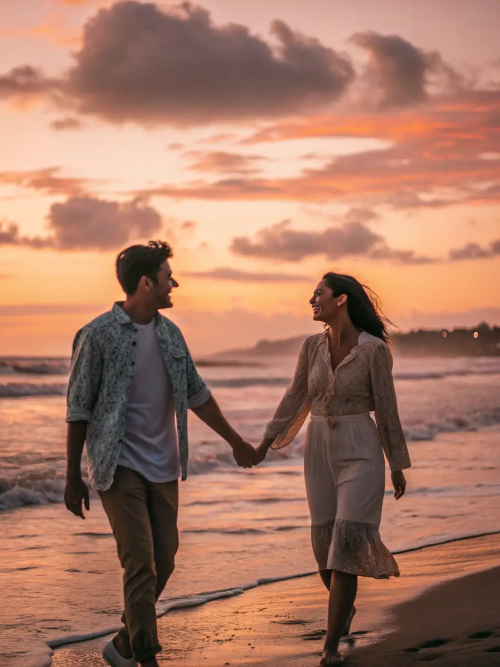 A serene image of a couple holding hands on a beach at sunset, symbolizing emotional connection and the calm, high-end aesthetic of The Aligned Couple.