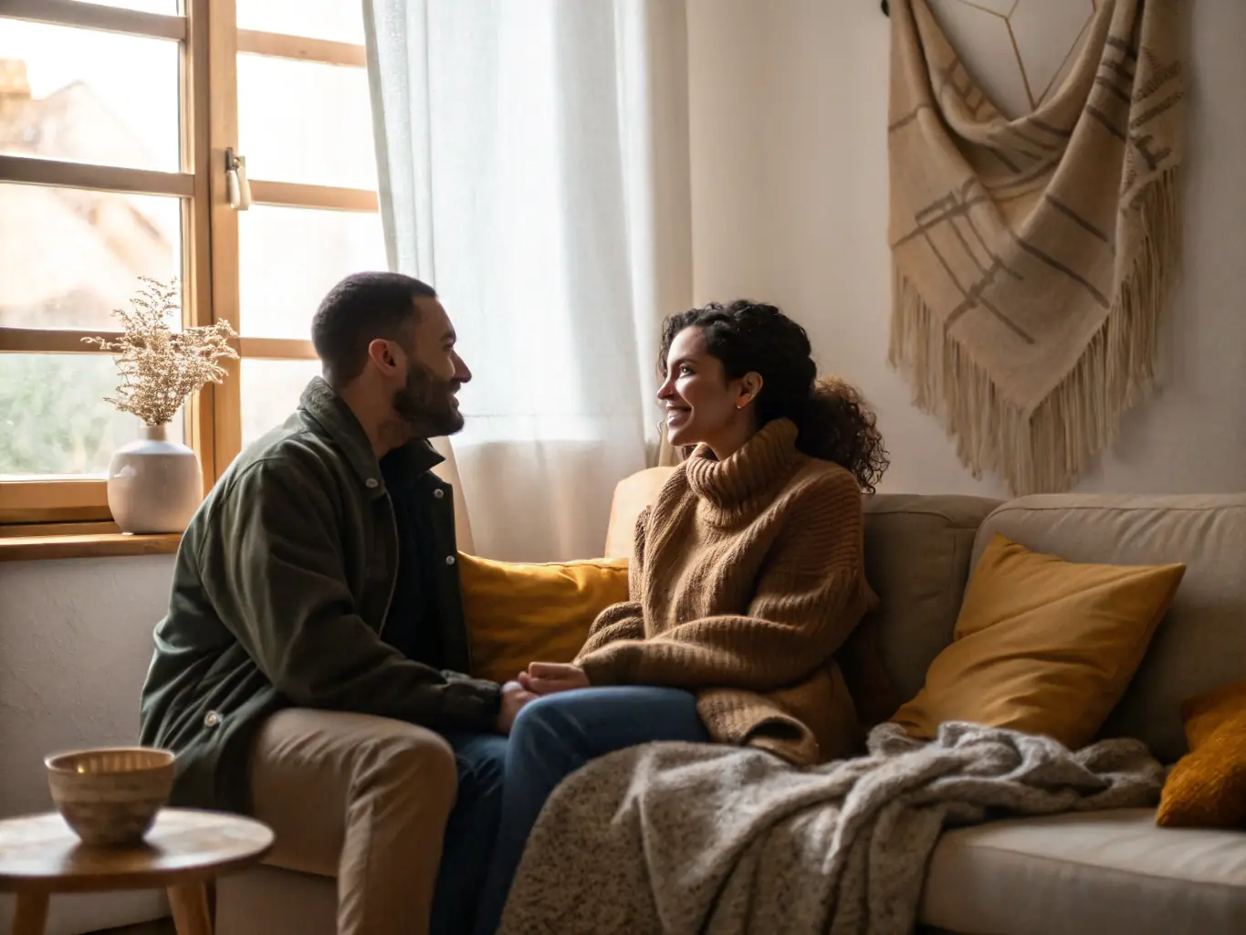 A calming image of a couple sitting together in a comfortable setting, engaging in a guided meditation session during a relationship retreat.