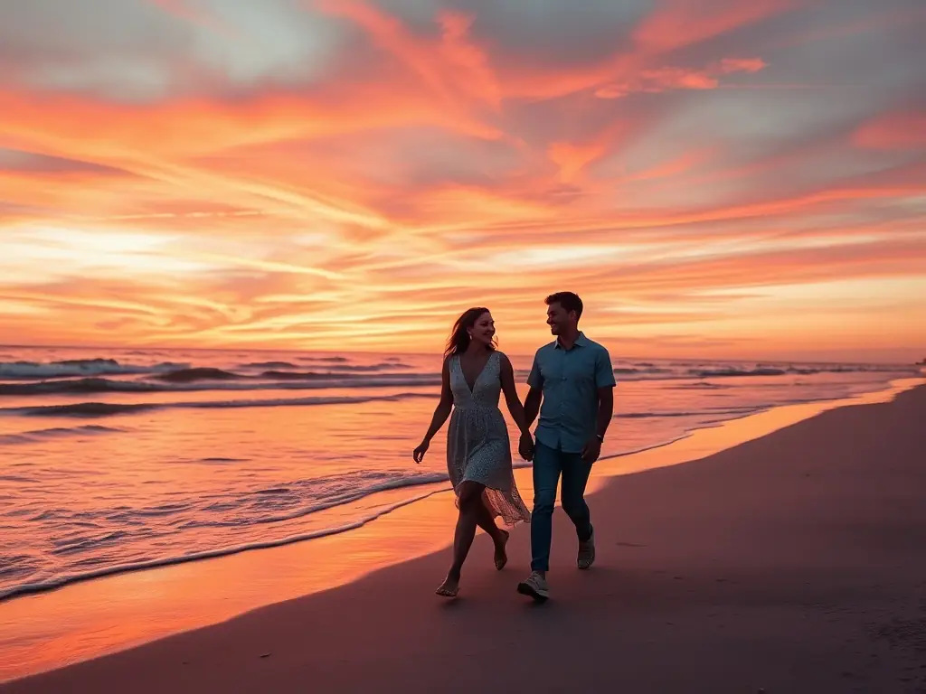 A serene image of a couple holding hands and walking along a pristine beach at sunset during a relationship retreat.